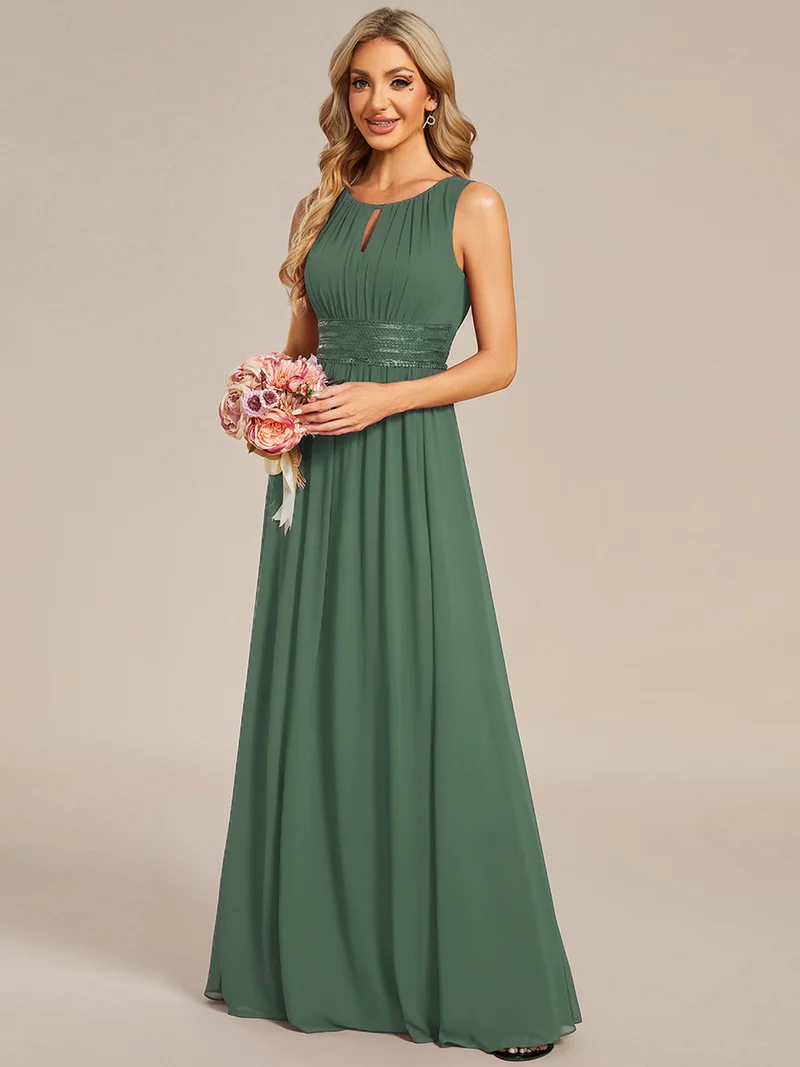 Robe De Demoiselle D'honneur Trapèze Simple Sans Manches En Mousseline Avec Détails Ajourés