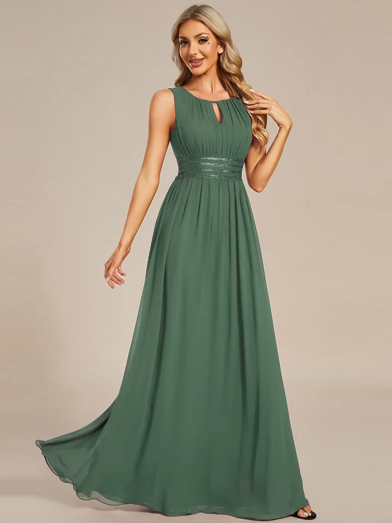 Robe De Demoiselle D'honneur Trapèze Simple Sans Manches En Mousseline Avec Détails Ajourés