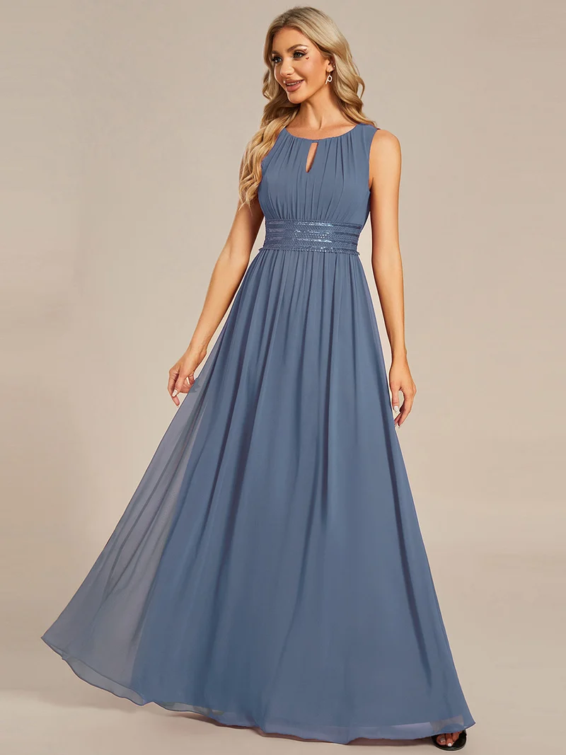 Robe De Demoiselle D'honneur Trapèze Simple Sans Manches En Mousseline Avec Détails Ajourés