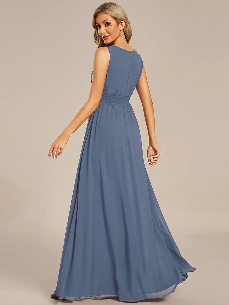 Robe De Demoiselle D'honneur Trapèze Simple Sans Manches En Mousseline Avec Détails Ajourés