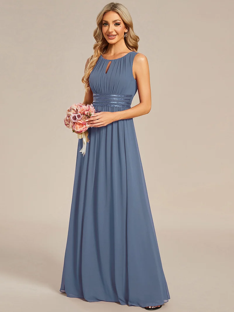 Robe De Demoiselle D'honneur Trapèze Simple Sans Manches En Mousseline Avec Détails Ajourés