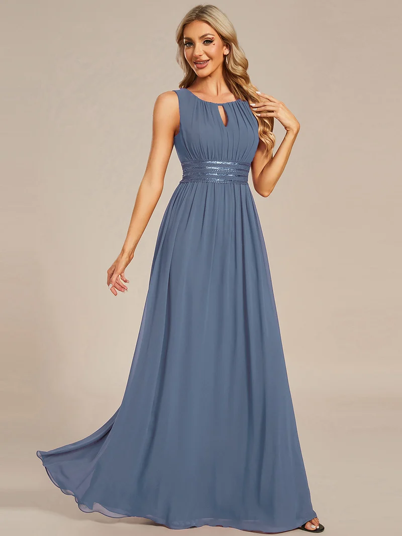 Robe De Demoiselle D'honneur Trapèze Simple Sans Manches En Mousseline Avec Détails Ajourés