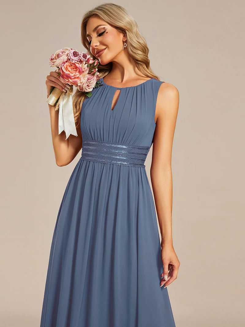 Robe De Demoiselle D'honneur Trapèze Simple Sans Manches En Mousseline Avec Détails Ajourés