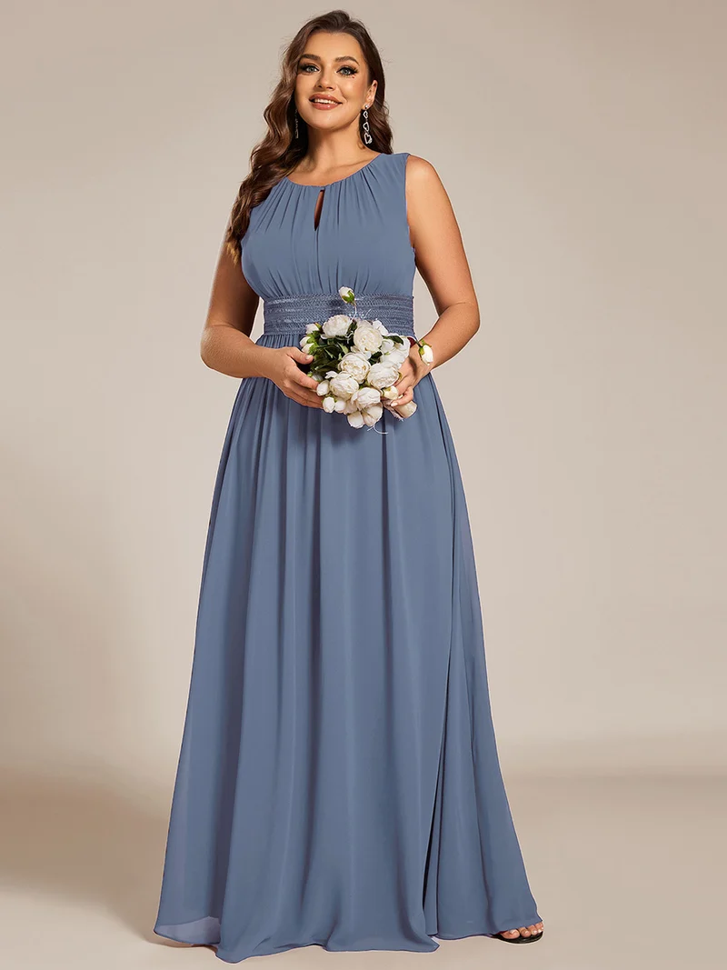 Robe De Demoiselle D'honneur Trapèze Simple Sans Manches En Mousseline Avec Détails Ajourés