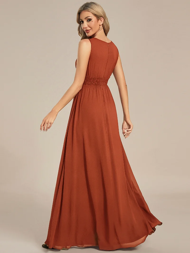 Robe De Demoiselle D'honneur Trapèze Simple Sans Manches En Mousseline Avec Détails Ajourés