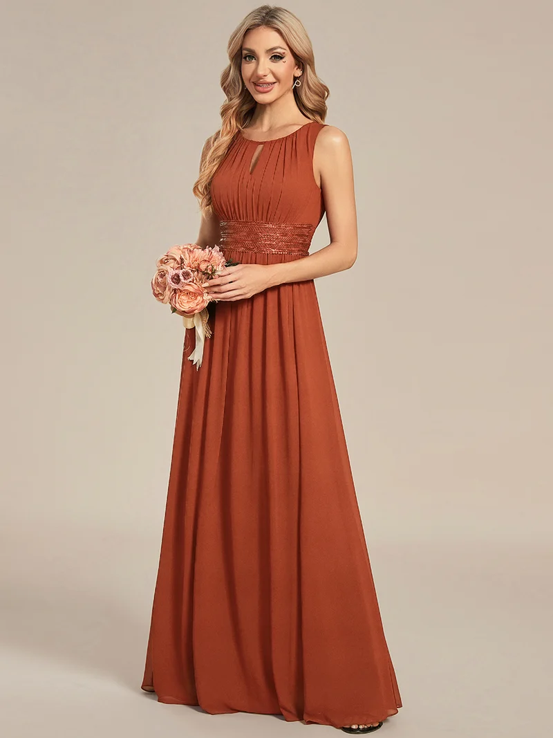 Robe De Demoiselle D'honneur Trapèze Simple Sans Manches En Mousseline Avec Détails Ajourés