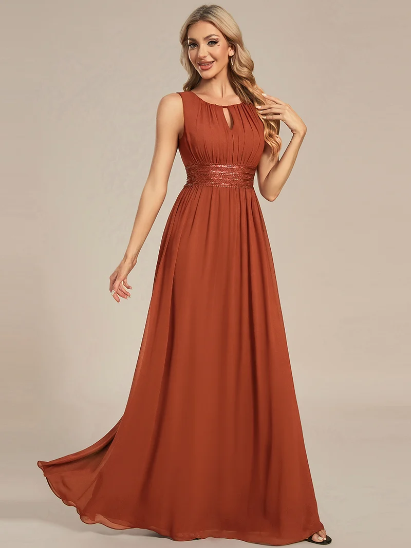Robe De Demoiselle D'honneur Trapèze Simple Sans Manches En Mousseline Avec Détails Ajourés
