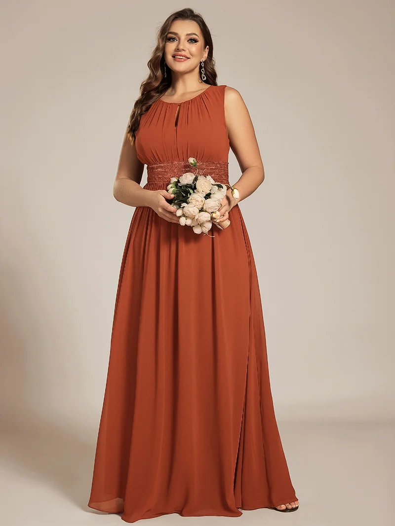 Robe De Demoiselle D'honneur Trapèze Simple Sans Manches En Mousseline Avec Détails Ajourés