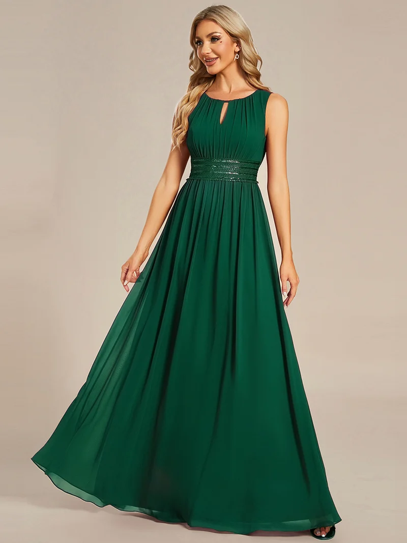 Robe De Demoiselle D'honneur Trapèze Simple Sans Manches En Mousseline Avec Détails Ajourés