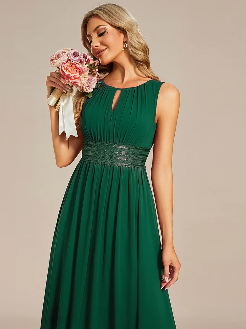 Robe De Demoiselle D'honneur Trapèze Simple Sans Manches En Mousseline Avec Détails Ajourés