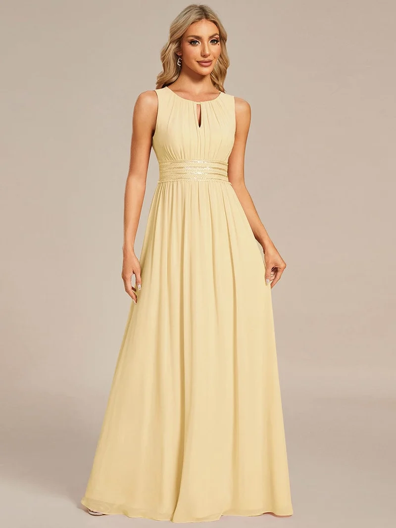 Robe De Demoiselle D'honneur Trapèze Simple Sans Manches En Mousseline Avec Détails Ajourés