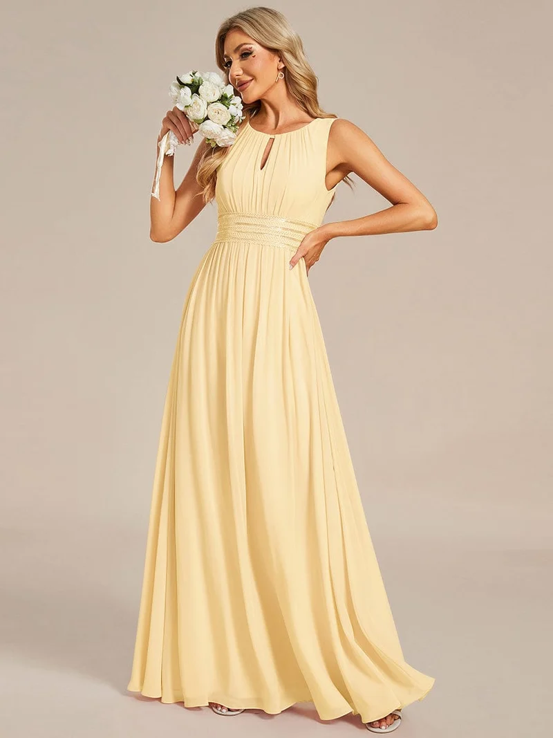 Robe De Demoiselle D'honneur Trapèze Simple Sans Manches En Mousseline Avec Détails Ajourés