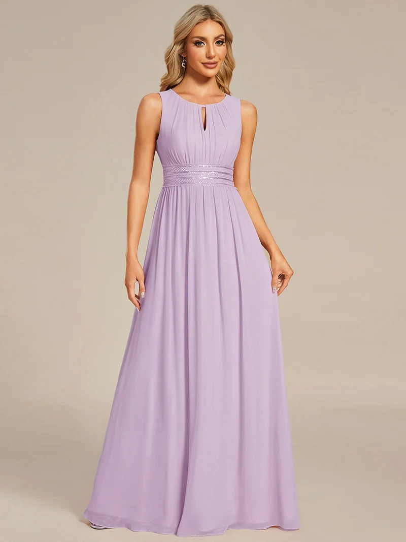 Robe De Demoiselle D'honneur Trapèze Simple Sans Manches En Mousseline Avec Détails Ajourés