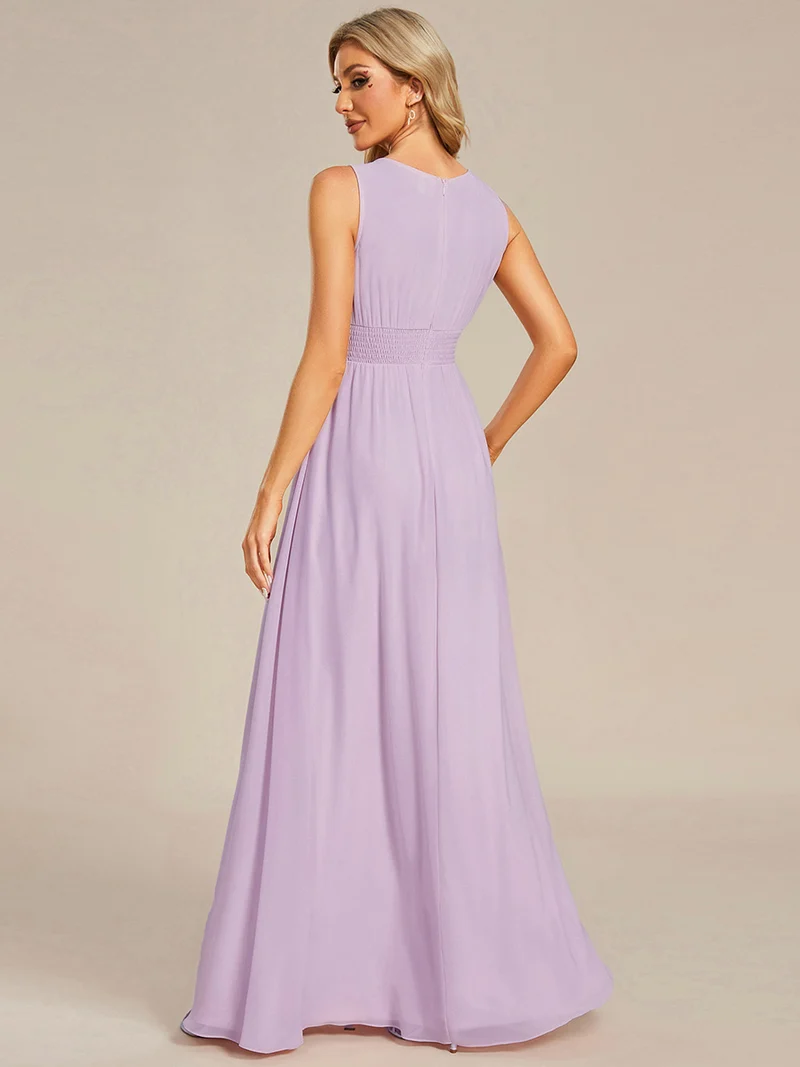 Robe De Demoiselle D'honneur Trapèze Simple Sans Manches En Mousseline Avec Détails Ajourés