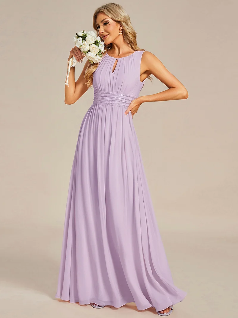 Robe De Demoiselle D'honneur Trapèze Simple Sans Manches En Mousseline Avec Détails Ajourés