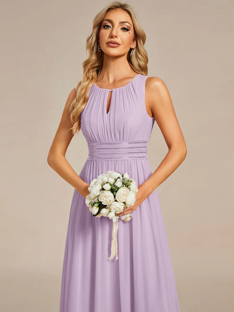 Robe De Demoiselle D'honneur Trapèze Simple Sans Manches En Mousseline Avec Détails Ajourés