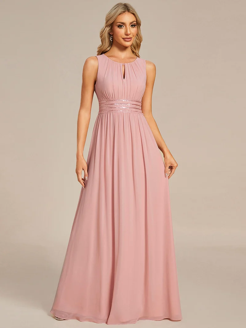 Robe De Demoiselle D'honneur Trapèze Simple Sans Manches En Mousseline Avec Détails Ajourés