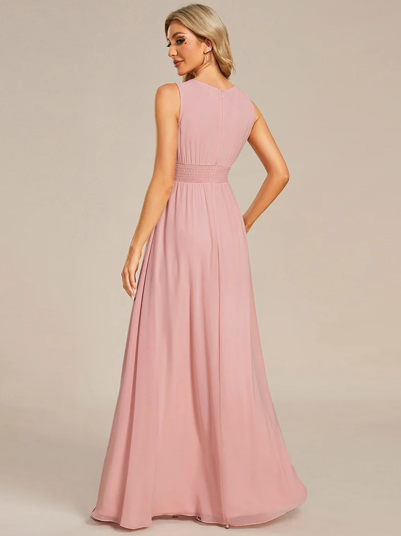 Robe De Demoiselle D'honneur Trapèze Simple Sans Manches En Mousseline Avec Détails Ajourés