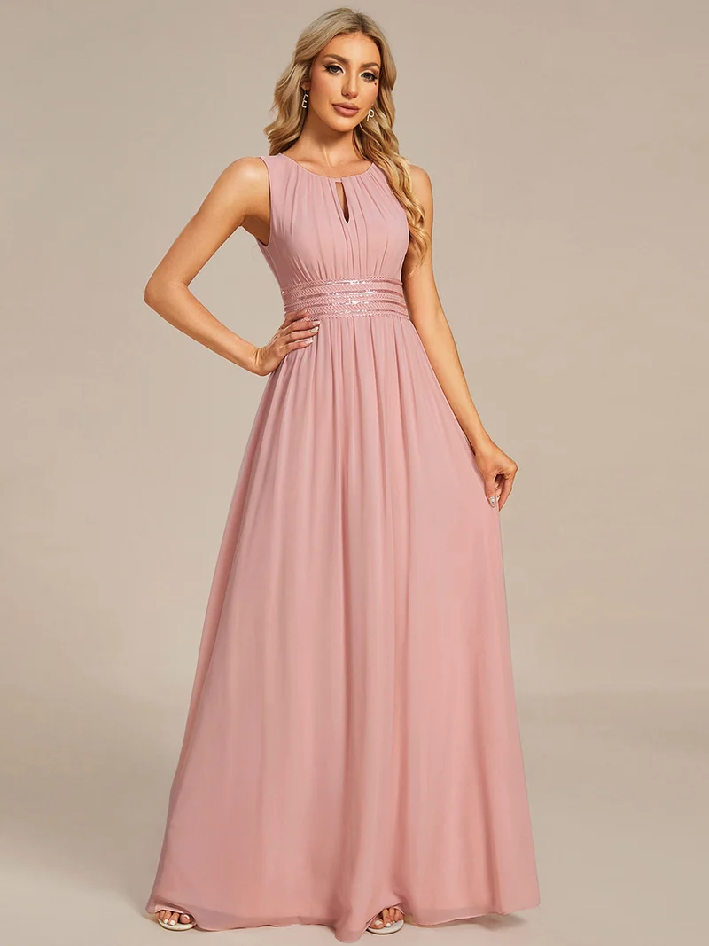 Robe De Demoiselle D'honneur Trapèze Simple Sans Manches En Mousseline Avec Détails Ajourés