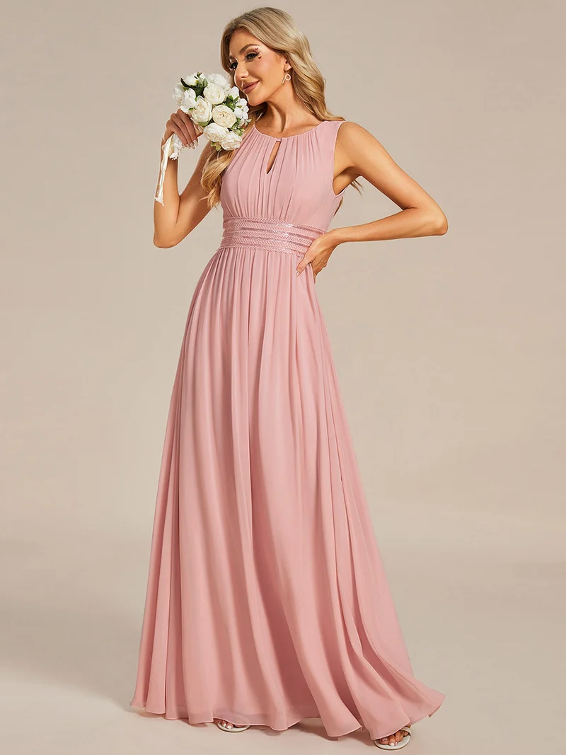 Robe De Demoiselle D'honneur Trapèze Simple Sans Manches En Mousseline Avec Détails Ajourés
