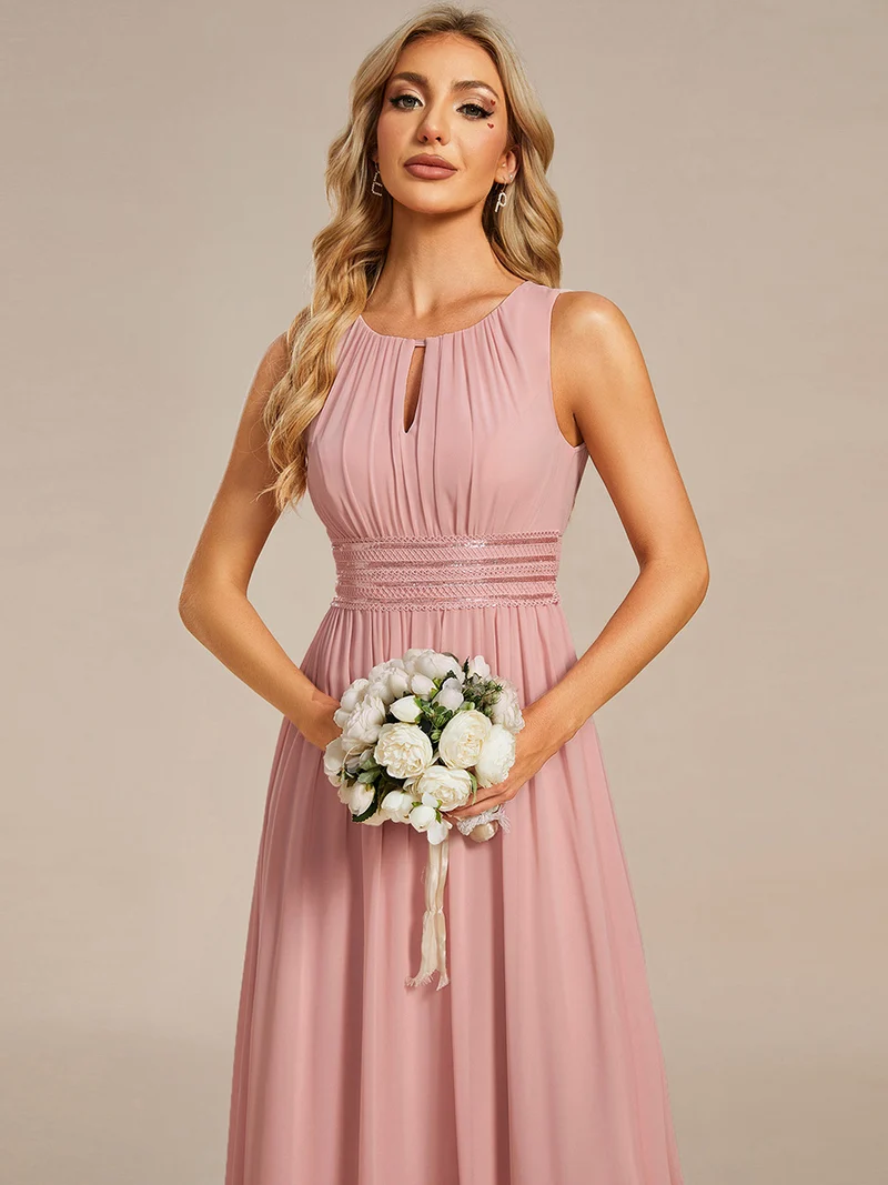 Robe De Demoiselle D'honneur Trapèze Simple Sans Manches En Mousseline Avec Détails Ajourés