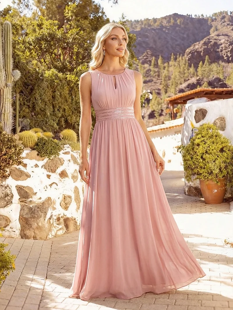 Robe De Demoiselle D'honneur Trapèze Simple Sans Manches En Mousseline Avec Détails Ajourés