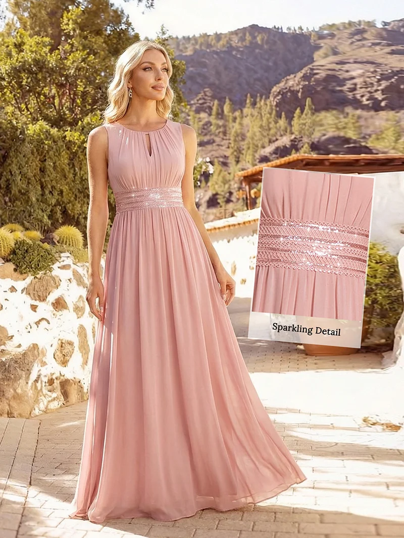 Robe De Demoiselle D'honneur Trapèze Simple Sans Manches En Mousseline Avec Détails Ajourés