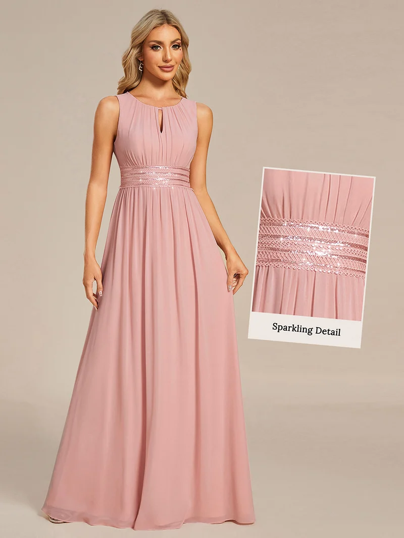 Robe De Demoiselle D'honneur Trapèze Simple Sans Manches En Mousseline Avec Détails Ajourés