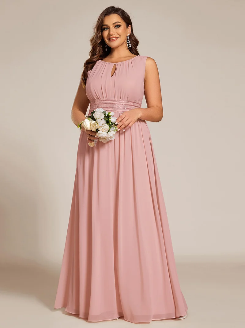 Robe De Demoiselle D'honneur Trapèze Simple Sans Manches En Mousseline Avec Détails Ajourés
