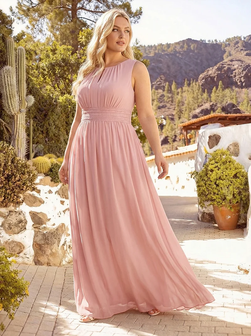 Robe De Demoiselle D'honneur Trapèze Simple Sans Manches En Mousseline Avec Détails Ajourés