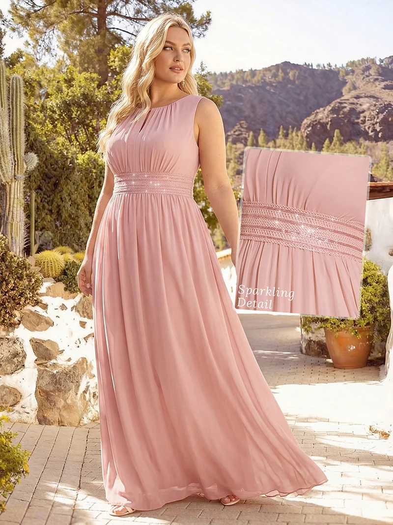 Robe De Demoiselle D'honneur Trapèze Simple Sans Manches En Mousseline Avec Détails Ajourés