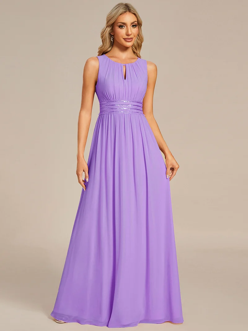 Robe De Demoiselle D'honneur Trapèze Simple Sans Manches En Mousseline Avec Détails Ajourés