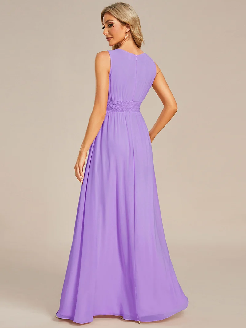 Robe De Demoiselle D'honneur Trapèze Simple Sans Manches En Mousseline Avec Détails Ajourés