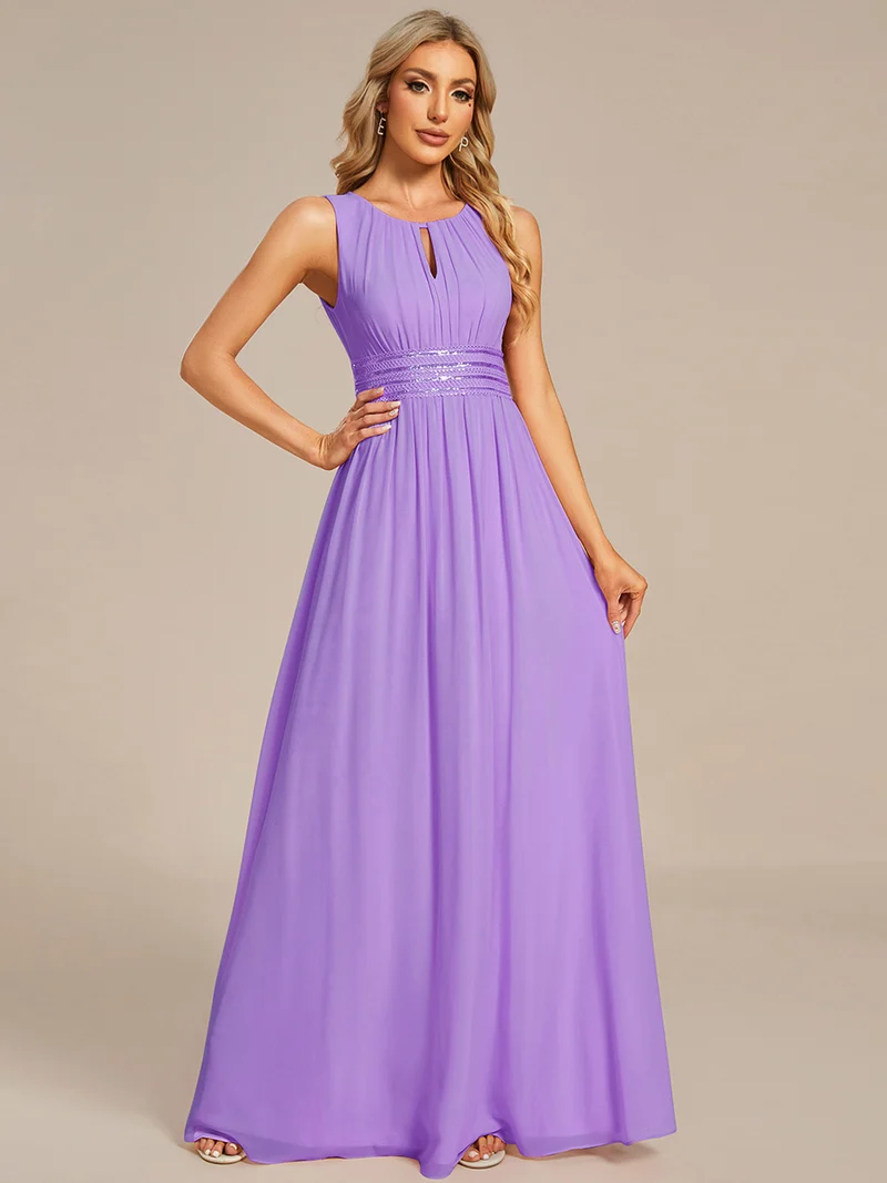 Robe De Demoiselle D'honneur Trapèze Simple Sans Manches En Mousseline Avec Détails Ajourés