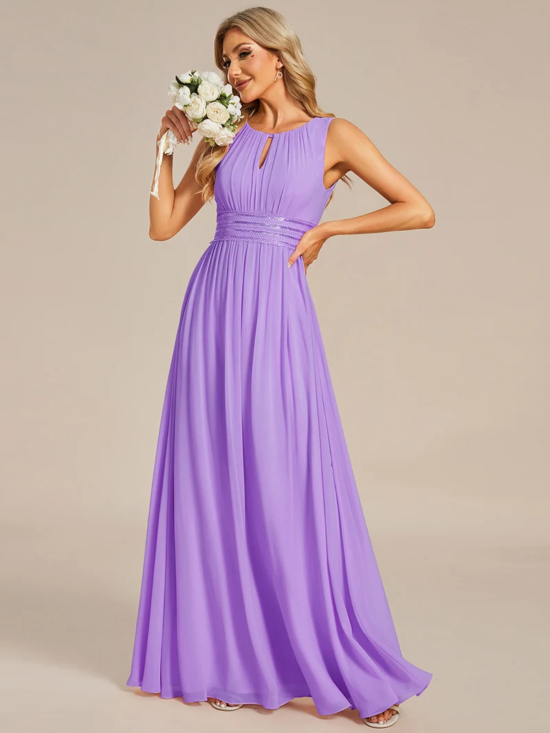 Robe De Demoiselle D'honneur Trapèze Simple Sans Manches En Mousseline Avec Détails Ajourés