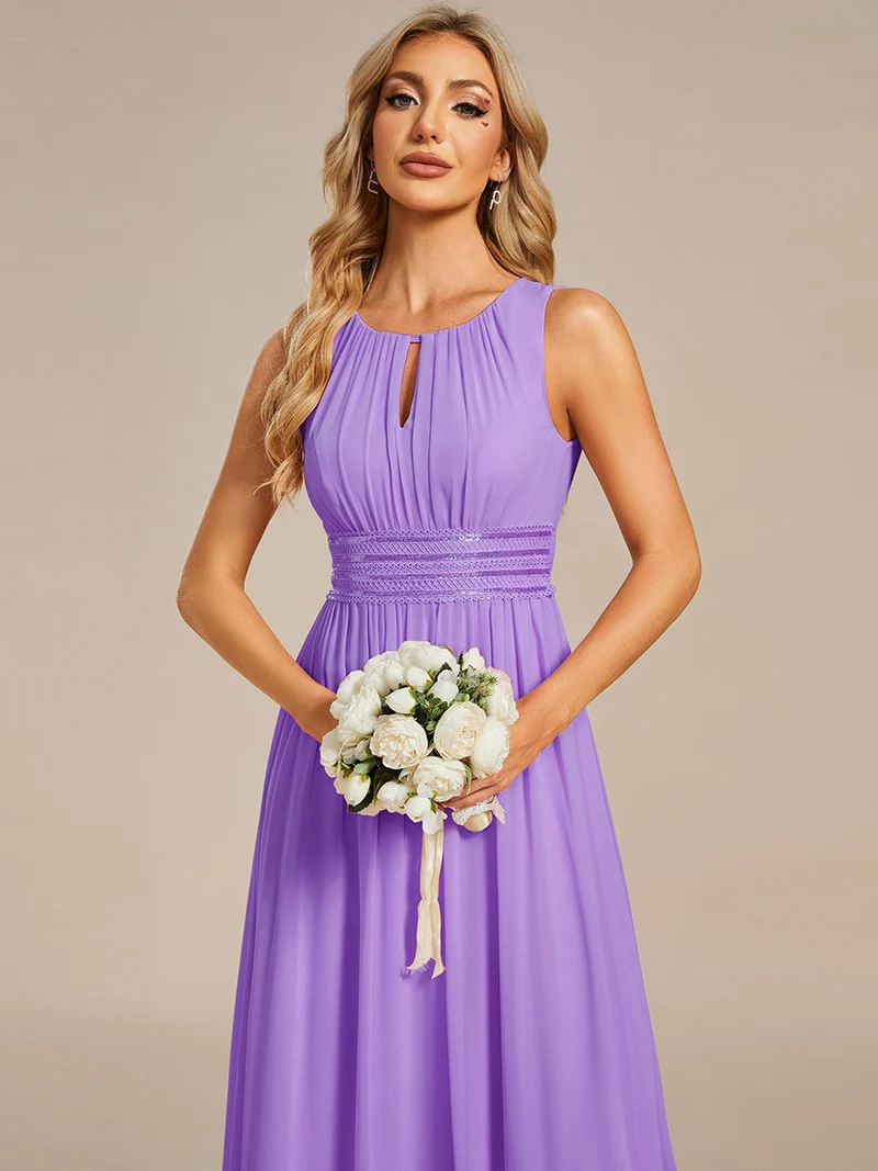 Robe De Demoiselle D'honneur Trapèze Simple Sans Manches En Mousseline Avec Détails Ajourés