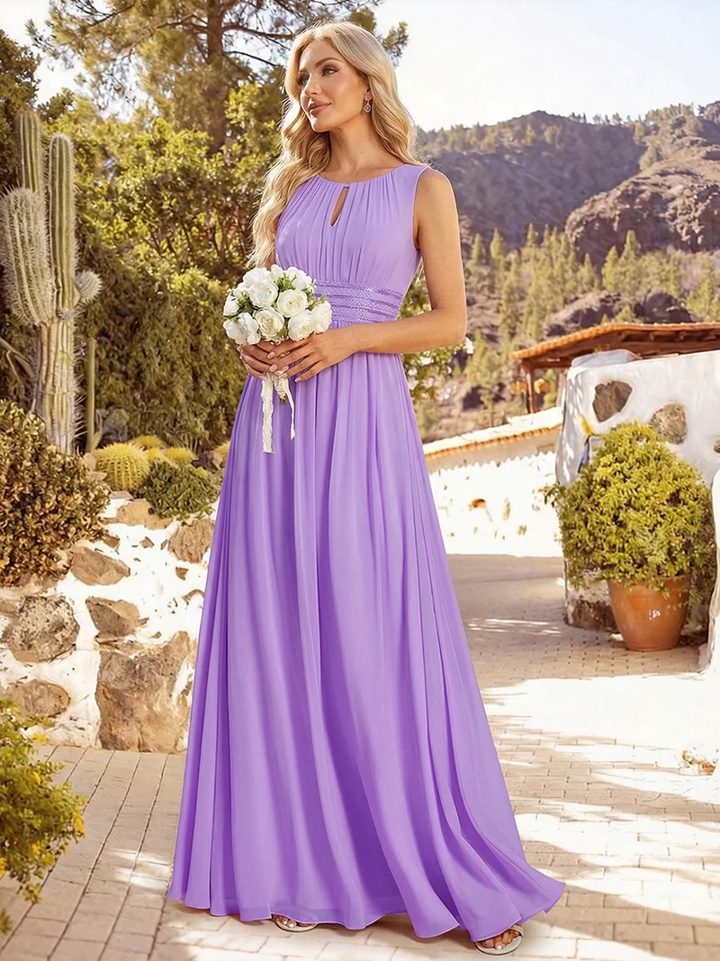 Robe De Demoiselle D'honneur Trapèze Simple Sans Manches En Mousseline Avec Détails Ajourés