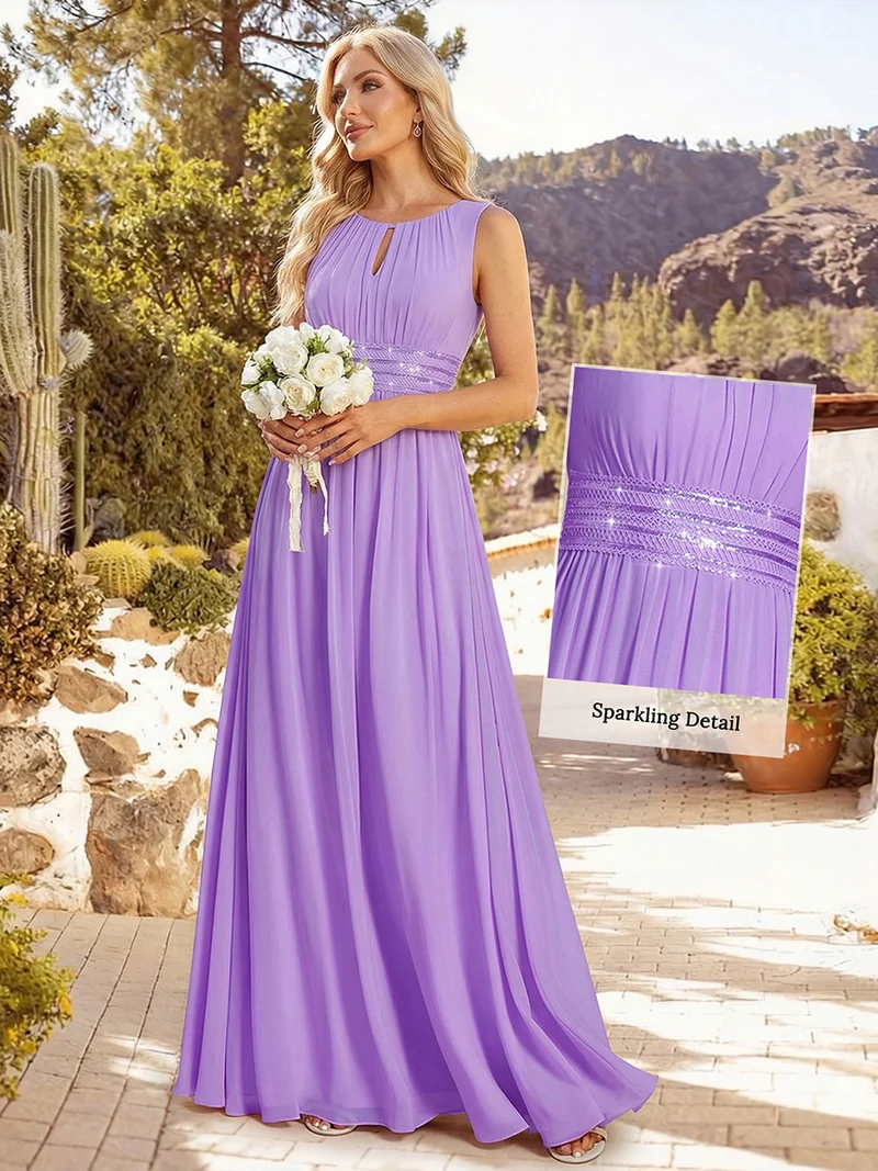 Robe De Demoiselle D'honneur Trapèze Simple Sans Manches En Mousseline Avec Détails Ajourés