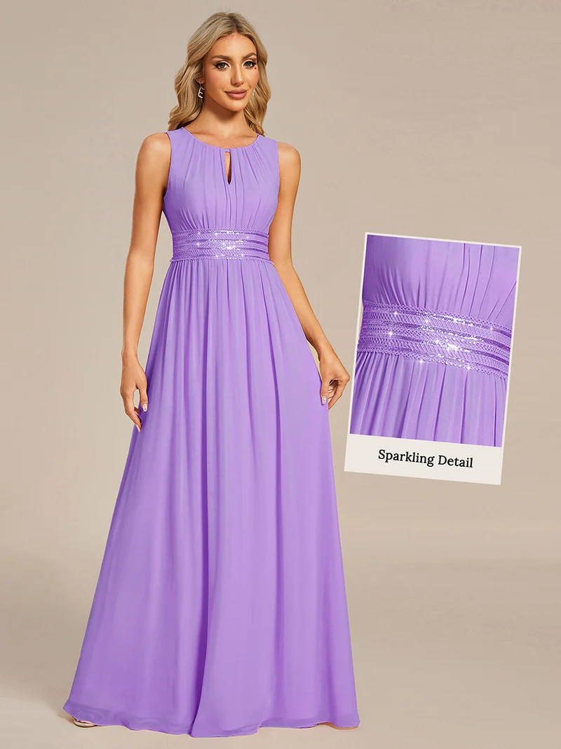 Robe De Demoiselle D'honneur Trapèze Simple Sans Manches En Mousseline Avec Détails Ajourés