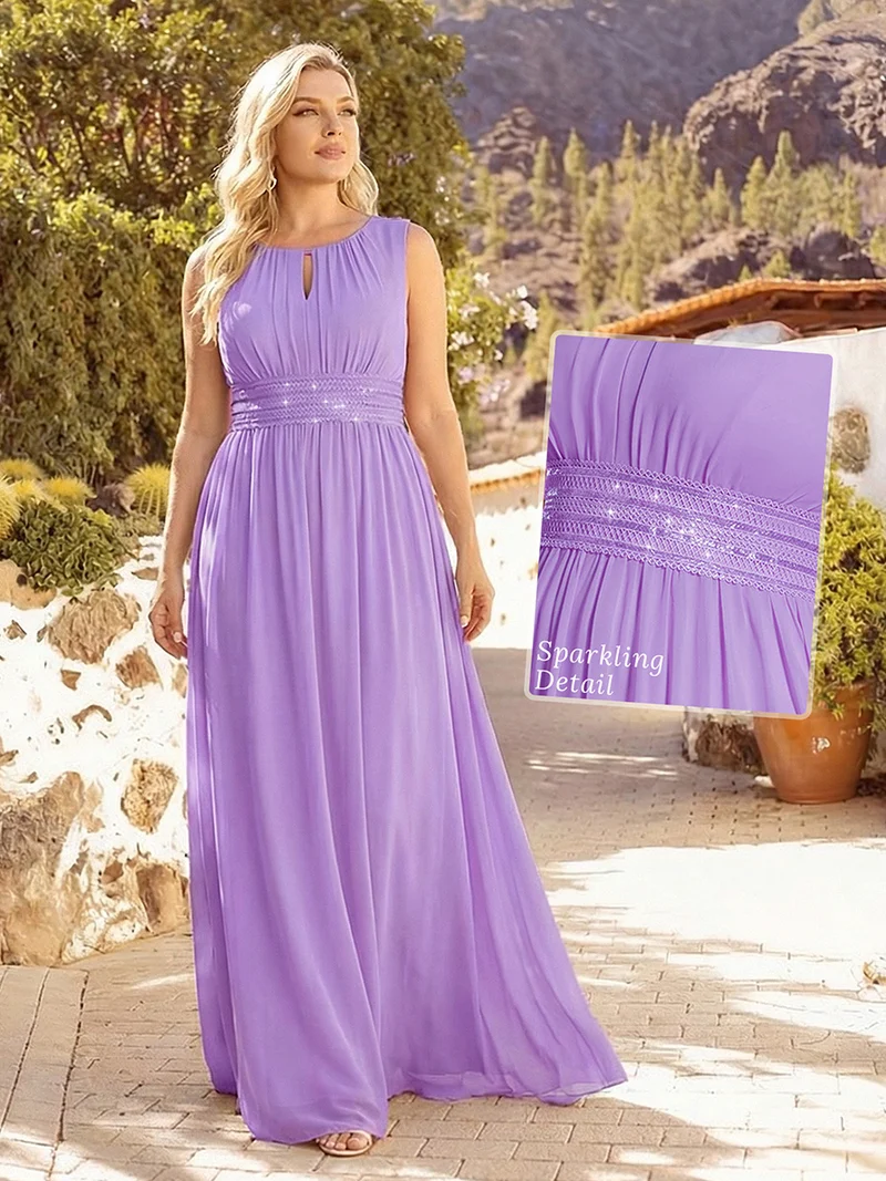 Robe De Demoiselle D'honneur Trapèze Simple Sans Manches En Mousseline Avec Détails Ajourés