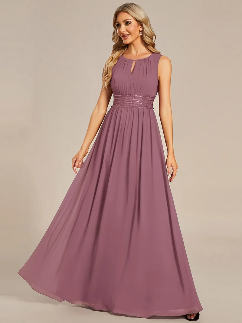Robe De Demoiselle D'honneur Trapèze Simple Sans Manches En Mousseline Avec Détails Ajourés