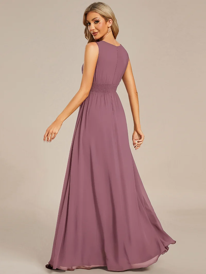 Robe De Demoiselle D'honneur Trapèze Simple Sans Manches En Mousseline Avec Détails Ajourés
