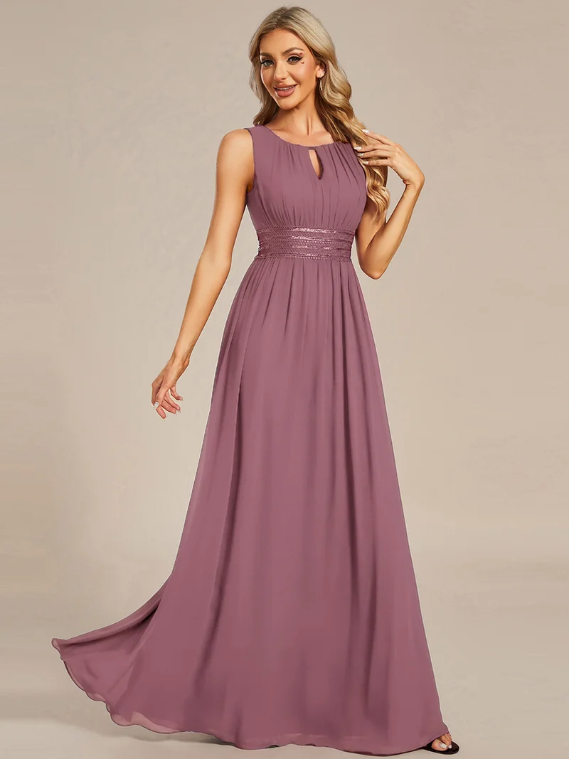 Robe De Demoiselle D'honneur Trapèze Simple Sans Manches En Mousseline Avec Détails Ajourés