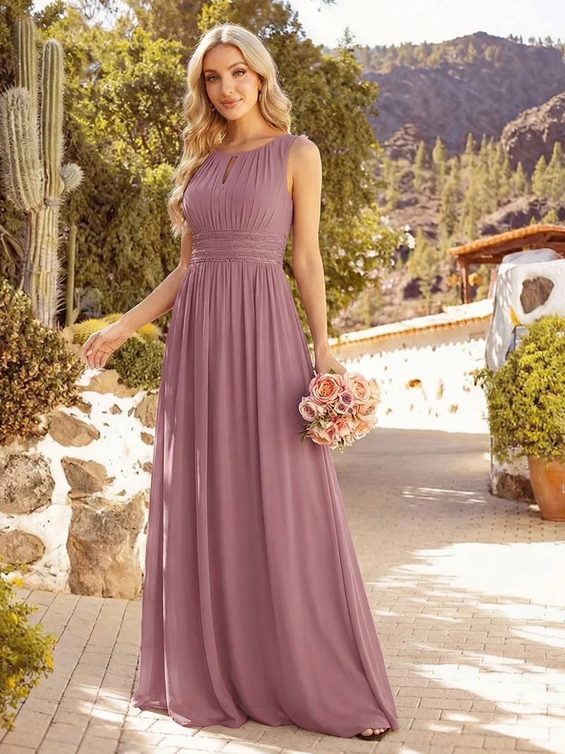 Robe De Demoiselle D'honneur Trapèze Simple Sans Manches En Mousseline Avec Détails Ajourés
