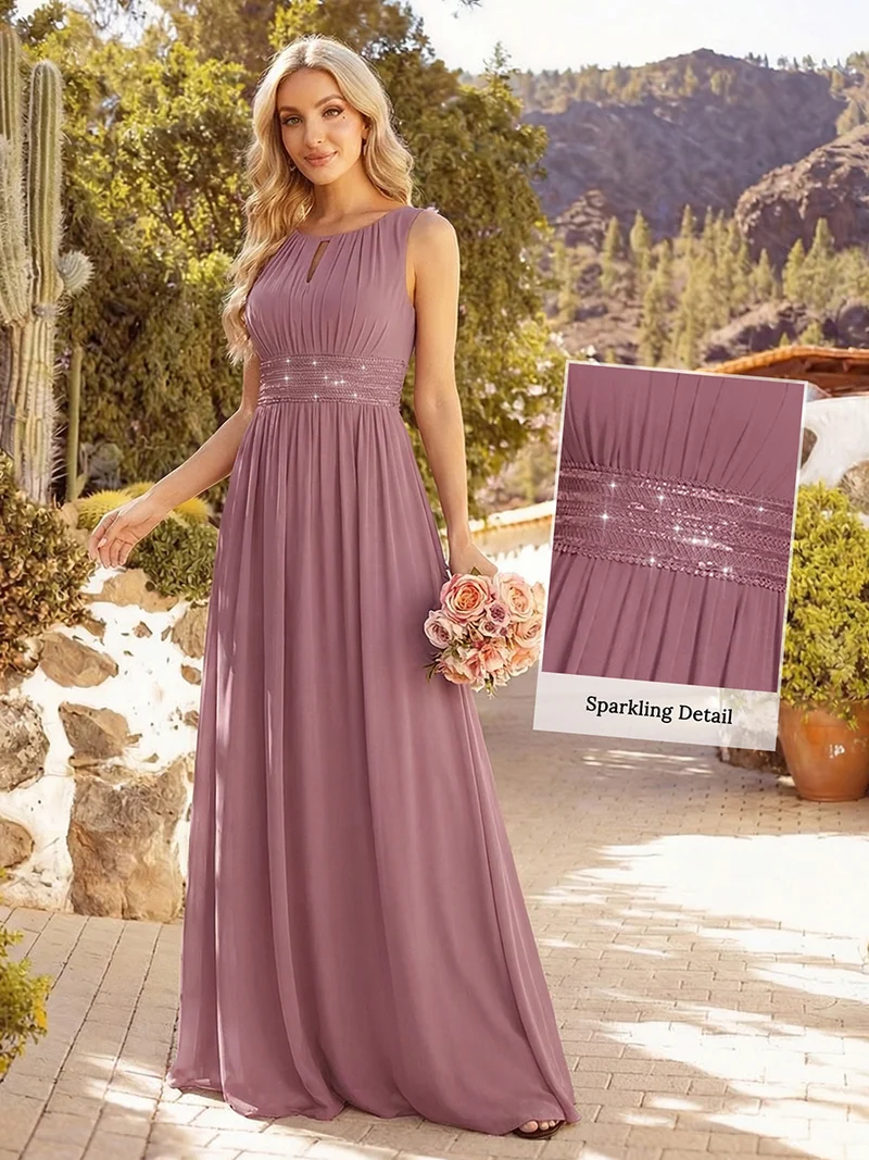 Robe De Demoiselle D'honneur Trapèze Simple Sans Manches En Mousseline Avec Détails Ajourés