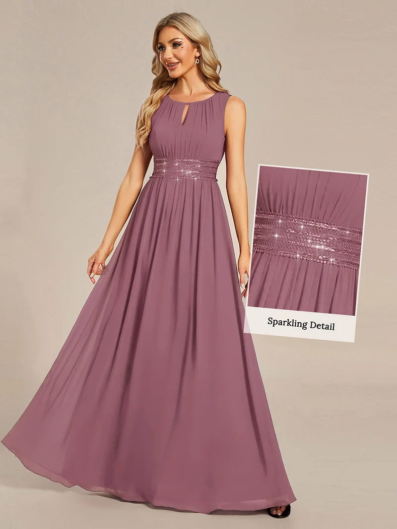 Robe De Demoiselle D'honneur Trapèze Simple Sans Manches En Mousseline Avec Détails Ajourés