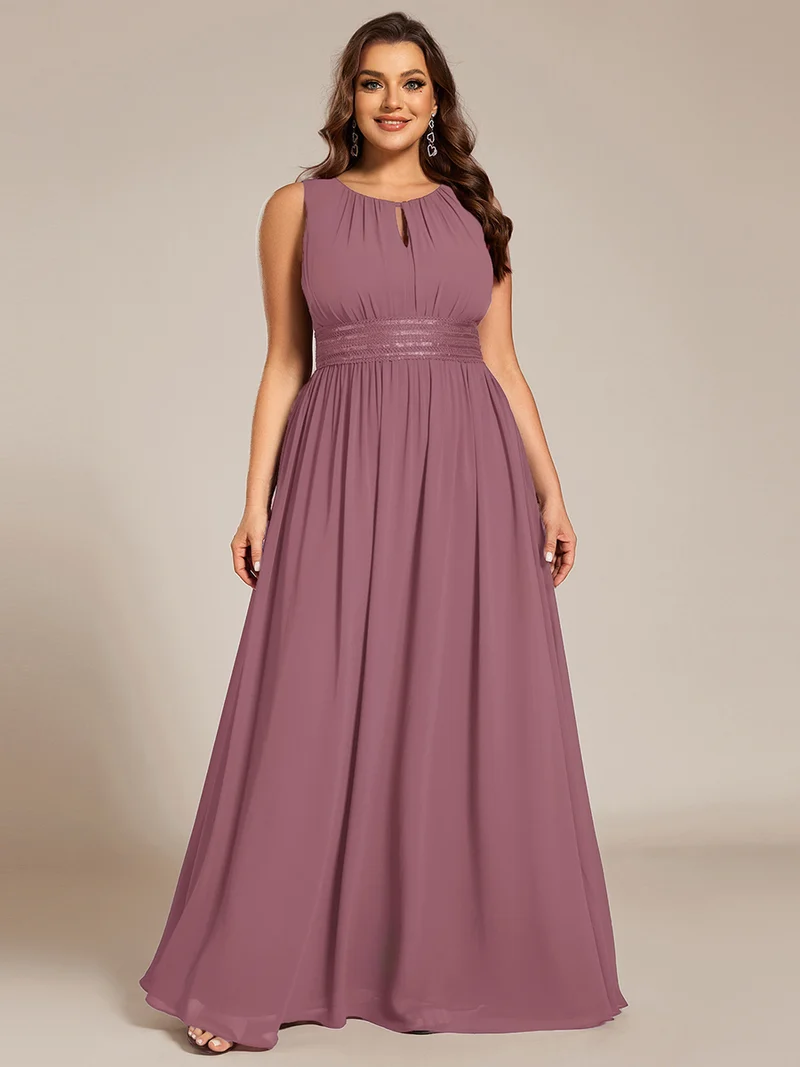 Robe De Demoiselle D'honneur Trapèze Simple Sans Manches En Mousseline Avec Détails Ajourés