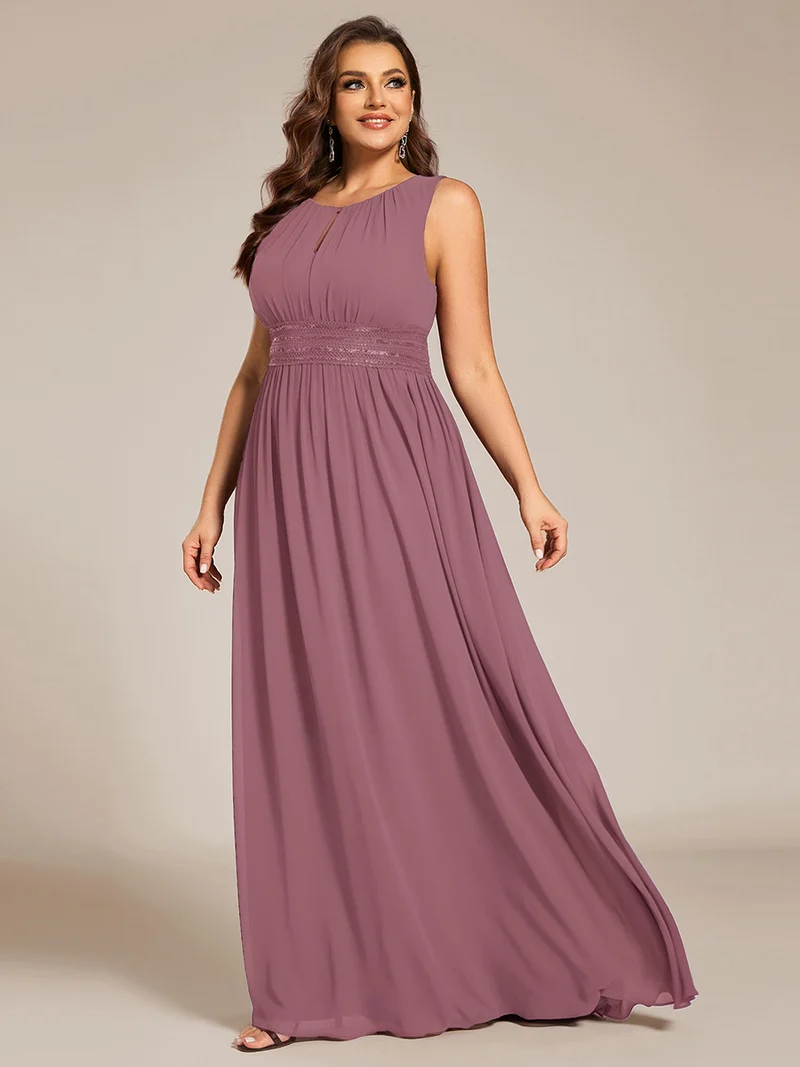 Robe De Demoiselle D'honneur Trapèze Simple Sans Manches En Mousseline Avec Détails Ajourés