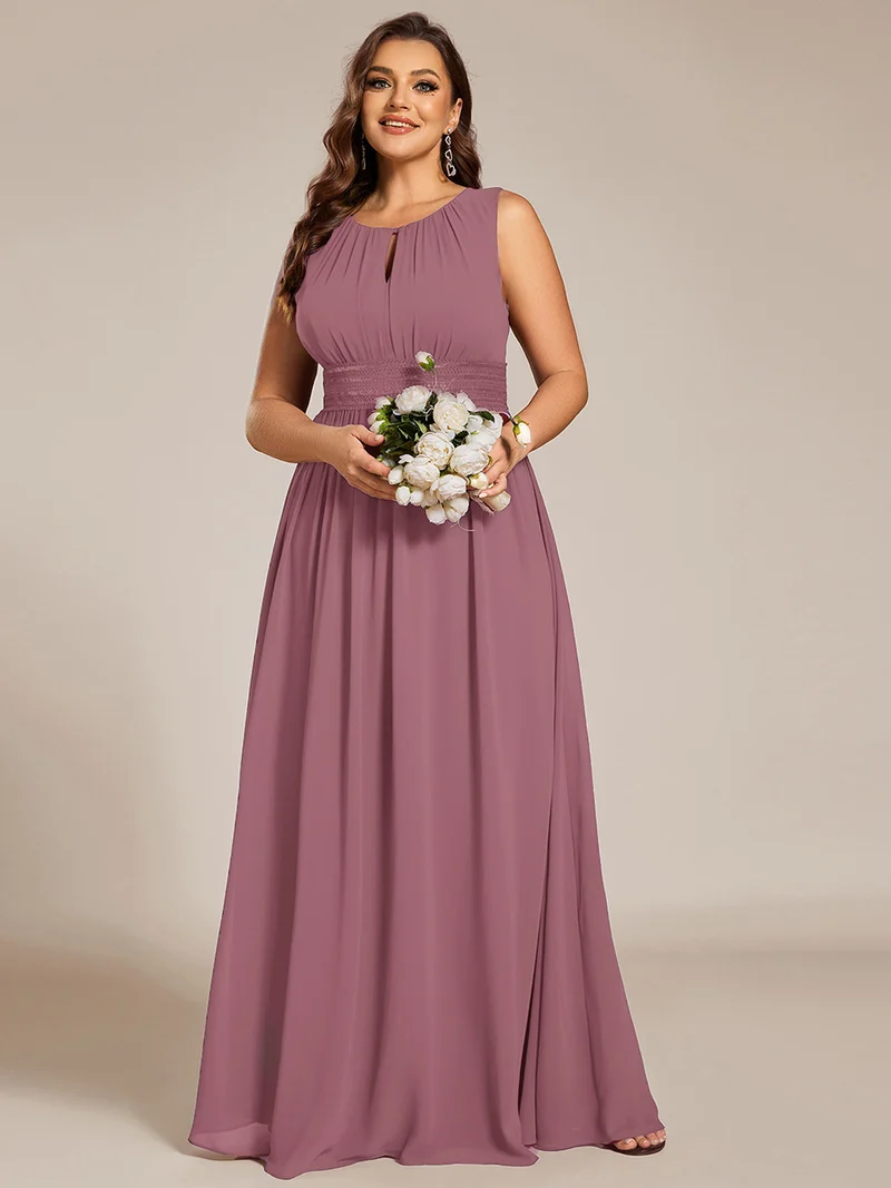 Robe De Demoiselle D'honneur Trapèze Simple Sans Manches En Mousseline Avec Détails Ajourés
