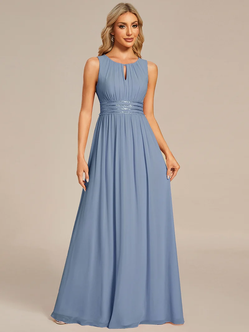 Robe De Demoiselle D'honneur Trapèze Simple Sans Manches En Mousseline Avec Détails Ajourés